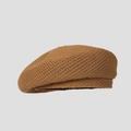 Detailed side view of a breathable camel summer knitted beret with mesh texture - M (56-58cm) / Camel