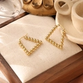 Detail of 18K gold plated triangular beaded hoop earrings on a wooden display tray - Triangle Beaded Hoop (ZHE489金)