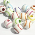 Vue détaillée de perles en acrylique motif baseball coloré avec trous d'enfilage - Style Baseball (12mm-Blanc avec lignes colorées) / 50 Pcs/Paquet