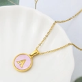 Gold stainless steel necklace with round pink shell pendant featuring letter A - Pink-A