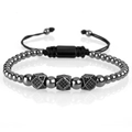 Men's black agate beaded bracelet with crown crown and zircon-set geometric metal beads - Black Geometric Cube