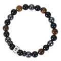 Detail of 8mm tiger eye beads and silver cross charm on a minimalist beaded bracelet - Baptism Blessing Card / Obsidian + Hematite + Tiger Eye