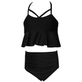 Bikini deux pièces noir pour filles avec haut à volants et bas taille haute - 104 / Ensemble Haut à Volants Noir et Bas Froncé