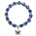 Blauwe boze oog kralenarmband met zilveren spacers en een vlinderhanger - Antieke Zilveren Vlinder 3501