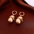 Detail of gold-plated gourd earrings with bow tie accent on dark brown silk background - Pearl Bowknot Gold Base Style (27# Ear Buckle-Gold-Real Gold Plating)