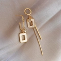 Asymmetric gold earrings with marble rectangle accents and sparkling crystal stones - Gold E674 Asymmetric Geometric Tassel