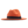 Minimalist wool felt wide brim fedora hat in vibrant orange with black decorative band - M (56-58cm) / Orange