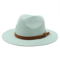 Mint green straw fedora sun hat for women featuring a brown suede band and wide flat brim - M (56-58cm) / Mint Green