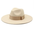 Wide brim wool felt fedora hat in beige with silk ribbon and gold bee accent buckle - M (56-58cm) / Beige