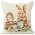Easter watercolor bunny and egg basket print on beige linen throw pillow cover - Style 2
