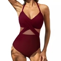 Bañador de una pieza rojo vino con cuello en V, diseño de tiras cruzadas y malla lateral - S / Burdeos
