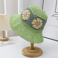 Light green crochet straw sun hat featuring colorful hand-knitted floral patterns - One Size / Light Green