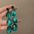 Retro long green drop earrings with triple oval resin stones and golden sparkling studs - Triple Green Oval Crushed Ice Style (64# Silver Earring Post - Green)