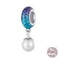 S925 sterling silver ocean charm with fish scale gradient blue enamel and white pearl - BSC875-Gradient Scale Pearl