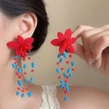 Detail of handmade bohemian red felt flower earrings with colorful beaded tassels - 25# 925 Sterling Silver Earring Post-Red Blue-Felt Flower (HE24970)