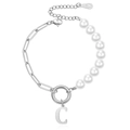 Imitation pearl and paperclip chain bracelet with silver 18KGP letter C pendant - Silver-Letter C