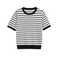 Classic black and white horizontal striped short sleeve knit top with crew neck design - S / Black