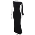 Detail of elegant black slim fit maxi dress with asymmetric neckline and chic side sash - S / Black