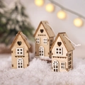 Three wooden Christmas house ornaments with heart cutouts on a snowy holiday background - Natural Wood Style 3Pcs Set