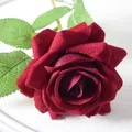 Single realistic red velvet artificial rose with green leaves for home wedding decor - 7cm / Elsa Rose-Wine Red
