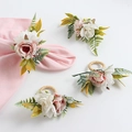 Pink and white rose flower napkin rings with green leaves and faux wood bands - Blooming Rose Green Leaves