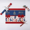Christmas placemat with Merry Christmas text, red bows, and blue reindeer motifs - 35*180cm / Elk Blue (Velvet Feel)
