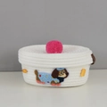 White woven cotton rope storage basket with pink pom-pom lid and dog embroidery - Oval Lid - Blue Hat Polka Dot Dog (22*15*10)