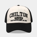 Detailed close-up of vintage American style embroidery on a cotton baseball cap - Adjustable / Black/White Patchwork