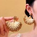 Detail view of handmade raffia fan drop earrings with woven straw and gold metal. - Fan Shape Style / 1 Pair Pack / White-Coffee