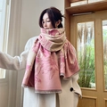 Double-sided pink and beige thick cashmere-feel scarf with large floral patterns and tassels - Magnolia Fragrance-Pink
