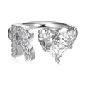 S925 sterling silver open ring featuring heart zircon and letter R in silver finish - Silver Letter R