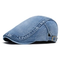 Adjustable light blue washed denim flat cap with vintage metal buckle and stitch detail - Blue