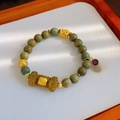 Vintage wood bead bracelet with golden Pixiu charm and red auspicious pendant - Auspicious and Lucky Green Sandalwood Bracelet (1057-1#)