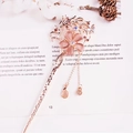 Golden flower hair pin with pink opal petals and long tassel fringe for hair styling - Gold Pink Cat's Eye Flower Tassel (FZ057)