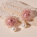 Detail of pink fabric rose earrings with crystal beads and teardrop pearl charms - Pink Flower Teardrop Earrings (Silver Pin)
