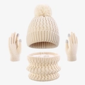 Set in maglia 3 pezzi per bambini con berretto a pompon, sciarpa spessa e guanti touch - Taglia unica / Beige