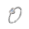 Macro detail of heart-shaped blue zircon ring with silver beaded band and open adjustable size - Adjustable Open / Platinum Sea Blue Zirconia