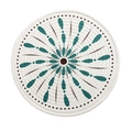 Round woven mandala coaster with teal drop patterns and brown dots on cream cotton - Wind Wheel