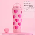 Gobelet rose 830ml en acier inoxydable avec paille, motif cœur et boîte cadeau - Gobelet en Acier 830ml avec Couvercle à Poignée