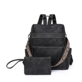 Mochila vintage de cuero PU negro para mujer con correa étnica y estuche a juego - Negro