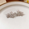 Macro detail of snowflake earrings with 18k gold plating, zircon stones, and pearls - 33# Floral Pearl Silver (33# Silver Pin-Silver)