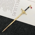 Golden sword hair pin with black handle and red teardrop crystal pendant in a classic style - Enamel Filling / Color Retention KC Gold (Red Water Drop)