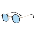 Asymmetrical sunglasses with black frames, light blue lenses, and golden metal temples - Black Frame Blue Lens