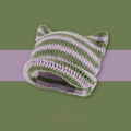 Detail of crochet striped beanie with cat ear design in green and purple colors - Purple and Green Stripe