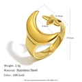 Asymmetric 18K gold stainless steel open ring featuring crescent moon and star motifs - Moon and Star Open Ring - Gold