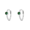 S925 sterling silver huggie hoop earrings with green emerald stone and beaded texture - White Gold (Style D)
