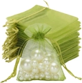 Light green organza drawstring gift bag with white faux pearls inside the mesh pouch - Military Green; 5x7cm
