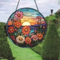 Colorful sunset daisy floral circular window hanging decor with black frame and chain - Flower Field