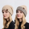 Unisex beige and khaki winter knit beanie with double-sided design and leather logo - Beige