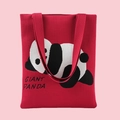 Red knitted tote bag featuring a large black and white panda pattern and Giant Panda text - Lying Panda Red